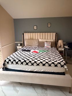 Upholstered King Bed Frame with mattress and Tufted Headboard
