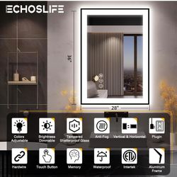 28x36 LED Bathroom Mirror for Wall -Black Aluminum Framed (Front and Backlit), Anti-Fog Vanity Mirror with Lights,Stepless Dimmable Lighted Mirror,3 C