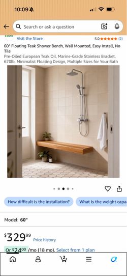 36 inch Floating Teak Shower Bench Wall Mounted