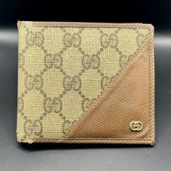 Gucci GG Canvas Brown Leather Bifold Vintage Wallet Men’s Authentic 