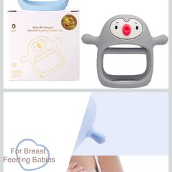 2pack Penguin Teether for Babies 0-6Month, Silicone Teething Mittens&Baby Chew Toys for 3-6Month, Shower Gift for Baby Boys, Blue+Grey