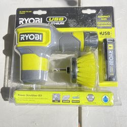 RYOBI USB Lithium Compact Scrubber Kit with 2.0 Ah Battery, USB Charging Cord, and 2 in. Medium Bristle Brush