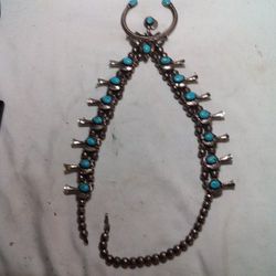 Vintage Navajo Sterling Silver Squash Blossom Turquoise Necklace   