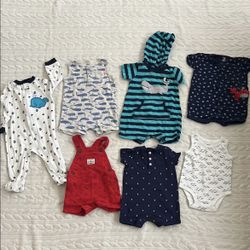 7 pcs Bundle Kids Bodysuits and Rompers - Blue, Red, White. Whale-themed.