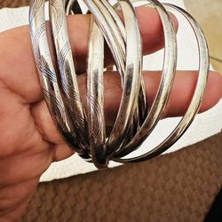ESTERLING SILVER STEEL BANGLES SET BEATIFUL PERFECT CONDITION 9 PIECES 