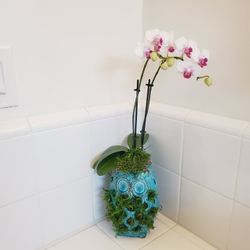 Coastal Beach Cottage Blue Fish Vase & Orchid Home Accent Decor Real Orchid 