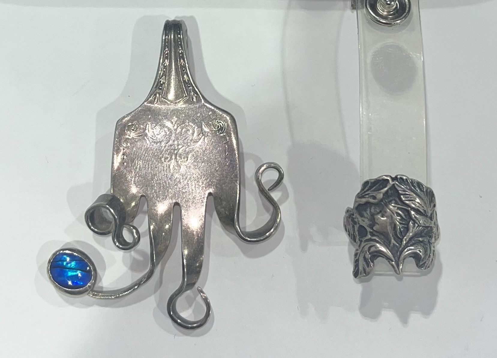 Unique Jewelry Set: Artisan Fork Pendant & Art deco - Woman in Iris Flower Ring
