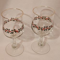 Vintage 3 Holly & Berries Gold Rim By Libbey Glass Company Barware Glasses