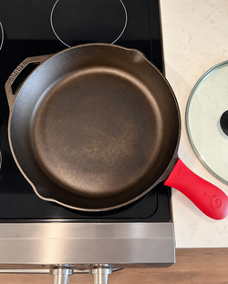 Lodge 12" Cast Iron Skillet Pan w/ Red Silicone Handle + Glass Lid