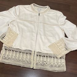 Hinge Cream Bomber Jacket with Crochet Details