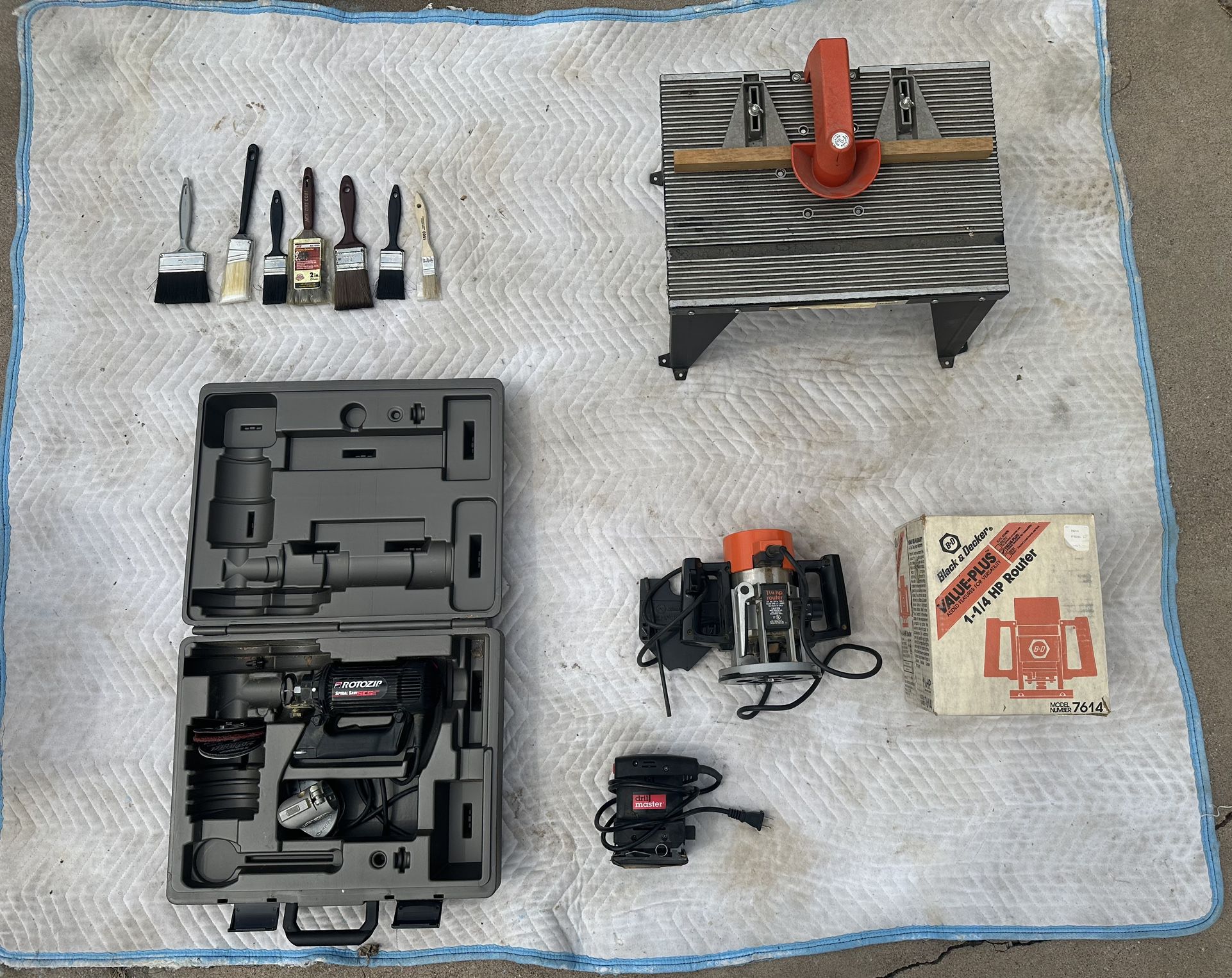 Lot 3- Router,  Router Table, spiral saw, hand sander, assorted brushes