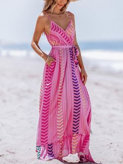 CUPSHE Women's Summer Dress – V-Neck, Belted, Sleeveless, Floral, Casual Vacation Maxi Beach Dress