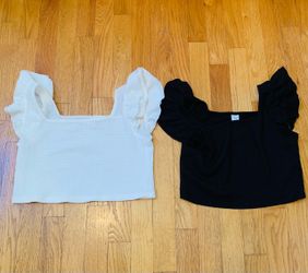 Two Tween Girls' Cropped Tops, Ruffle Sleeves , Like New , Sz 11 to 12 Years, Black & White