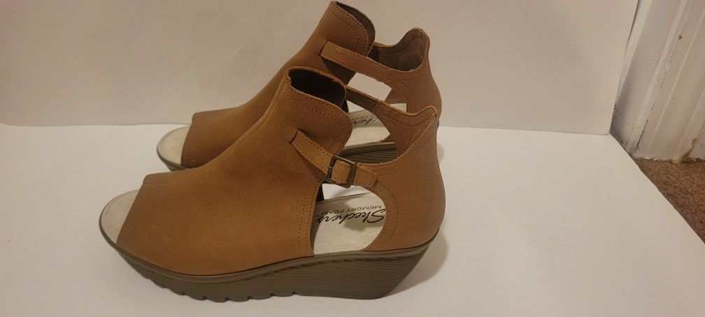 Skechers Women's Ankle Boots 9.5 Tan Wedge Heel Open Toe, Sides Bootie Sandals