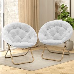 Set of 2 Saucer Chair Soft Faux Fur Folding Accent Chair, Lounge Lazy Chair Moon Chair Seat with Metal Frame for Bedroom Living Room, White