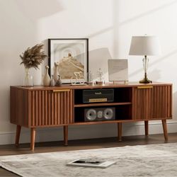 LCRBOL TV Stand for Living Room, Mid Century Modern Entertainment Center for 55/60 inch TVs, TV Console with Fluted Door Cabinets and Open Shelves, fo