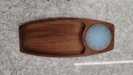 MCM Wooden Tray with Sunburst Atomic Ceramic Tile