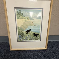 Lewis Spaulding black cat framed wall art Serigraph coastal scene 