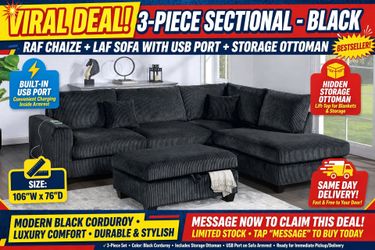 3-Piece Black Corduroy Sectional Sofa Set