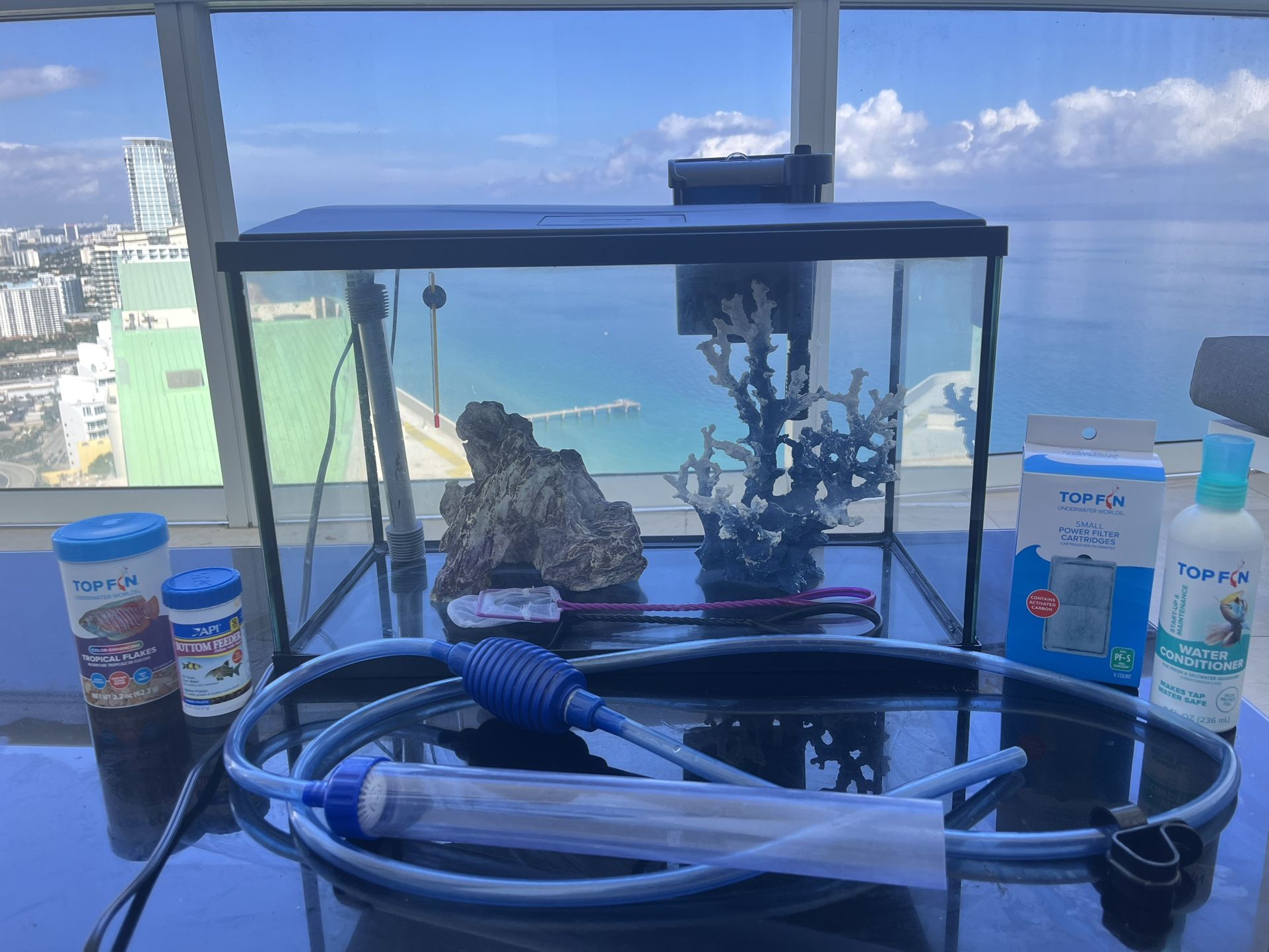 TOPFIN: 10 Gallon Fish Aquarium With Heater, Pump, Filter, Decorations, Nets