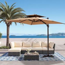 Double Top 12 ft. x 9 ft. Rectangular Heavy-Duty Aluminum 360° Rotation Cantilever Patio Umbrella in Tan