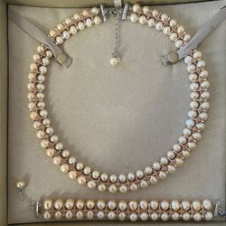 Cultured Fresh Water Champagne Pearl Necklace And Bracelet 