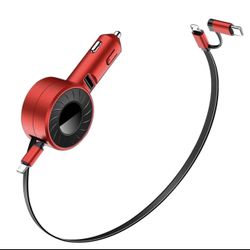 Universal 3 in 1 Ports iPhone & Android Dual Car Charger With Retractable Cables (Red)