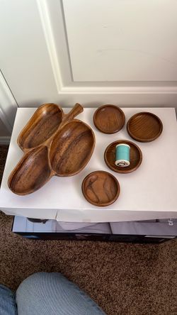 Monkey Pod Wood Handcrafted Vintage 60s Divided Serving Tray Platter Set