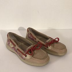 Sperry Top-Sider Angelfish Sequin & Red Paisley Print Leather Boat Shoes Size 6M
