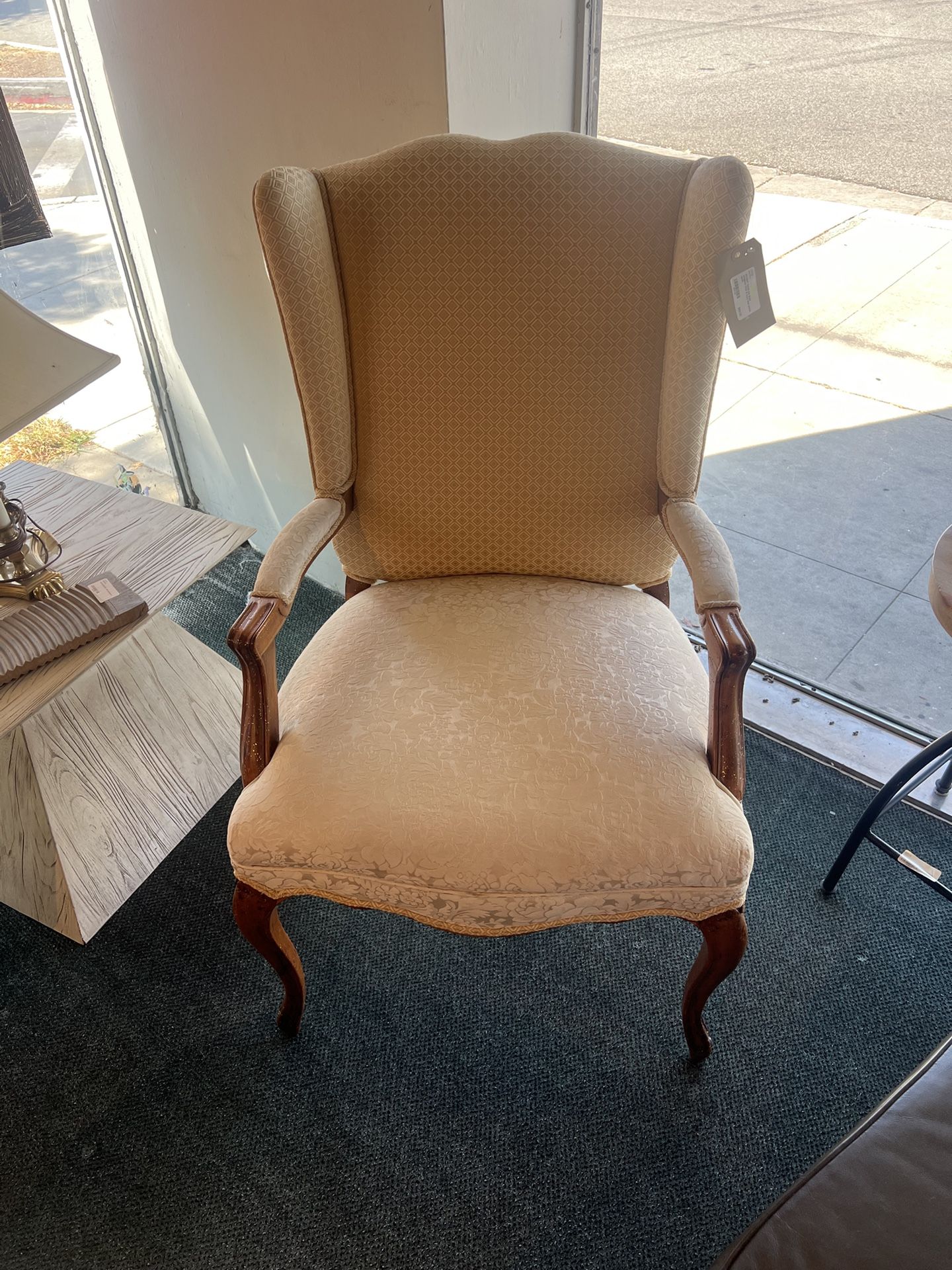 ACCENT CHAIR: Old Style wingback Chair & ivory linen patterned cover SKU 6RNTA8