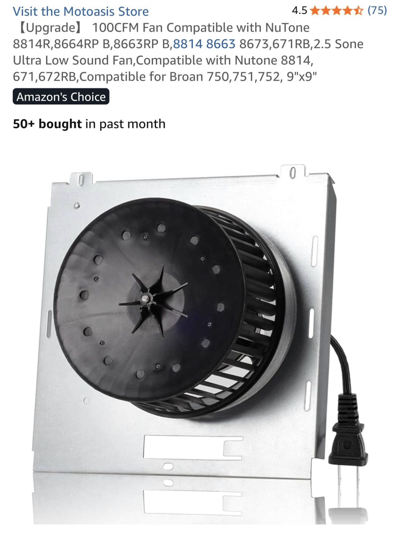 100CFM Fan Compatible with NuTone 8814R,8664RP B,8663RP B,8 8673,671RB,2.5 Sone Ultra Low Sound Fan,Compatible with Nutone 8814, 671,672RB,Com