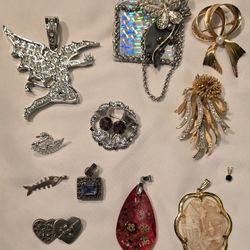 Vtg. Lot Od 13. 8 Pendant's  5 Brooch/label Some 925 And Some Signed Swarovski Jim Clift Rare Find!