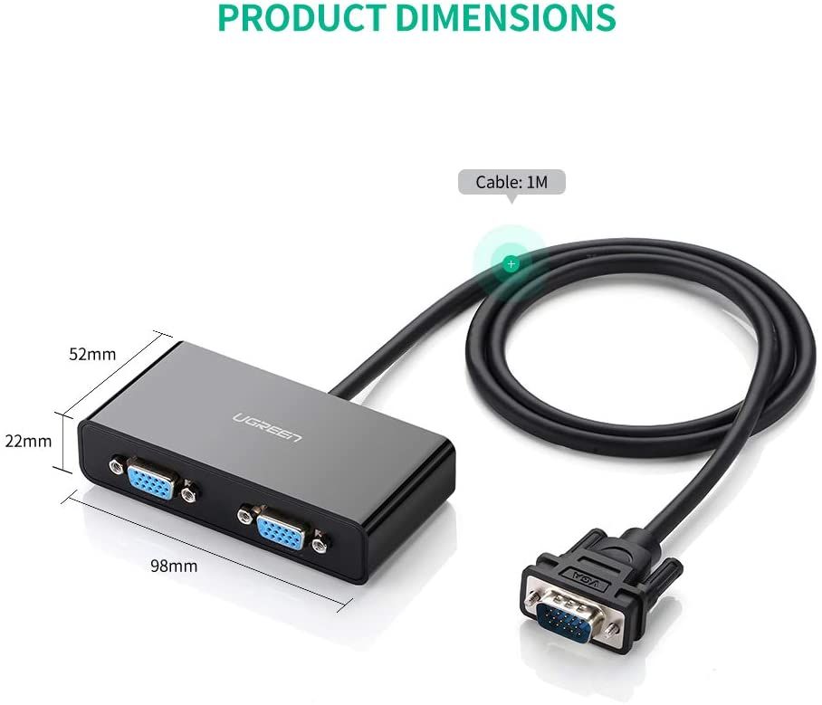 VGA Splitter 1 in 2 Out Screen Duplication Support Mirror Mode Only, Y Splitter Computer Monitor VGA SVGA Port with 1M Cable Support 1080P 60Hz