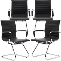 Black Office Desk Chair No Wheels Set of 4 PU Leather Computer Chairs Mid Back Guest Chairs for School Reception Conference Waiting Room, Black