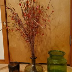 Green Glass Candle, Vase, And Jar Lot