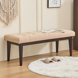 End of Bed Bench, 47.2" Linen Button-Tufted Upholstered Rubberwood Bench for Bedroom with Padded Cushion, Modern Shoe Bench Bedroom Bench for Living R