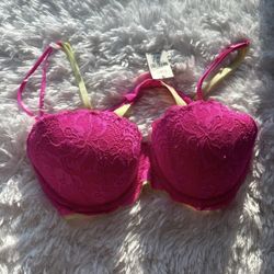 Victoria's Secret Plunge Bright Pink Floral Lace Underwire Bra Size 34C
