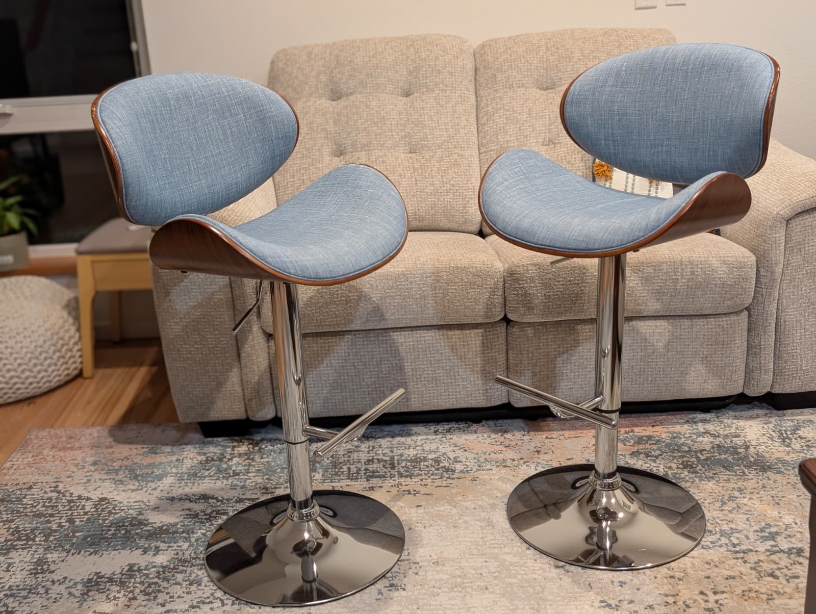 Bar Stools (2) Height Adjustable with Denim Blue fabric