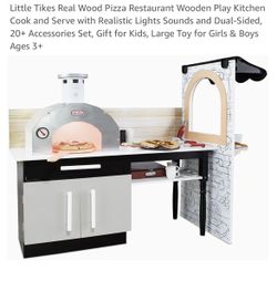 Little Tikes Real Wood Pizza Restaurant Wooden Play Kitchen Cook and Serve with Realistic Lights Sounds and Dual-Sided, 20+ Accessories Set, Gift for 