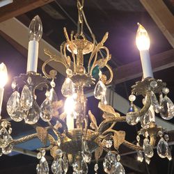 Vintage French Brass / crystal 5 light Chandelier GORGEOUS