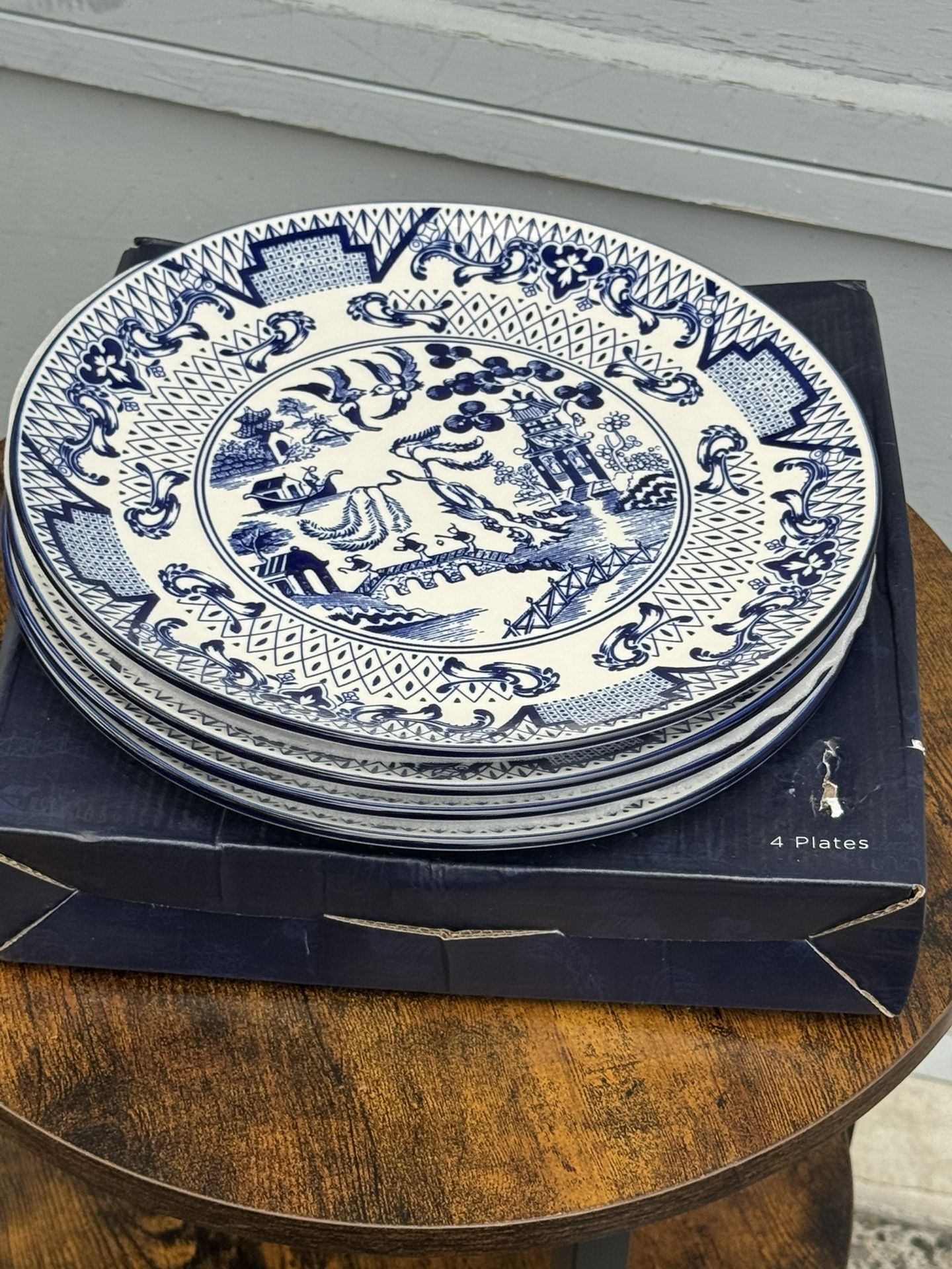 10.5" English Willow Eaton Fine Dining Blue/White Dinner Plate Set Of 8 New