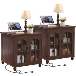 New in box New in box Farmhouse 24" End Table Set of 2 with Charging Station, Large Sofa Side Table with Glass Barn Door,Wood Night Stand with Adjusta