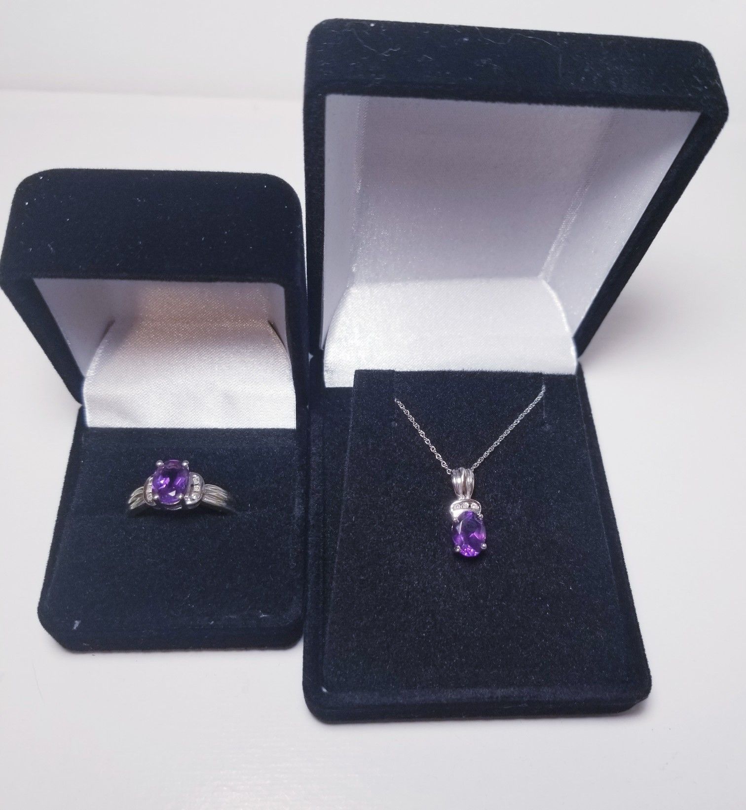 10k white gold amethyst diamond ring & necklace set