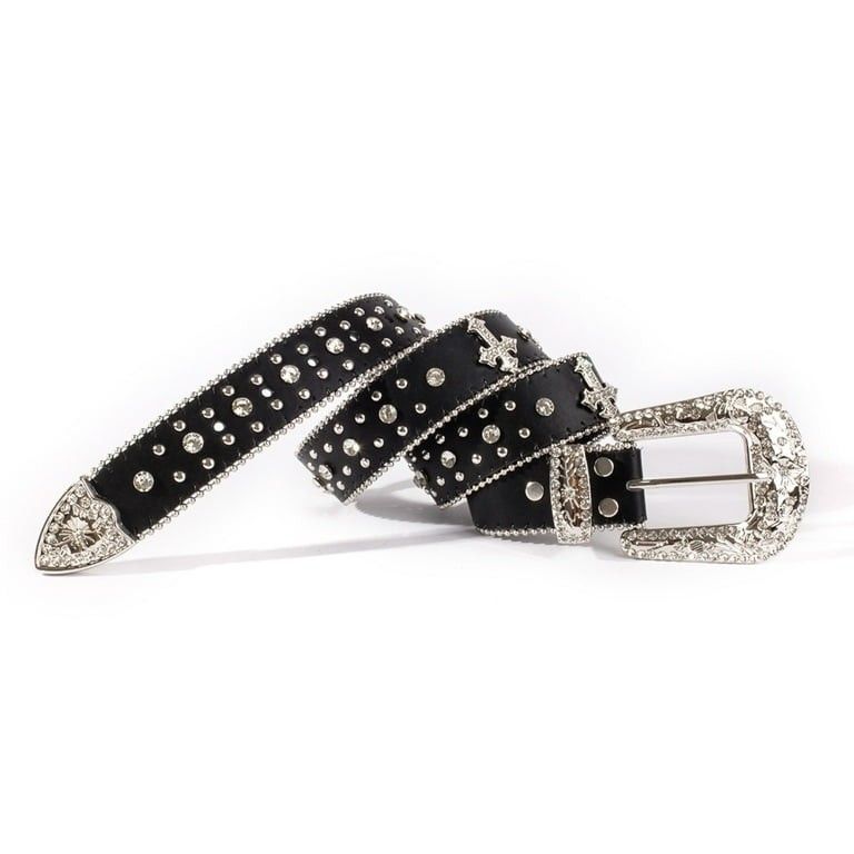 Rhinestone Belt for Men Women, Western Cowboy Cowgirl Belts Y2K Bling Leather Belt With Cross and Diamond for Jeans