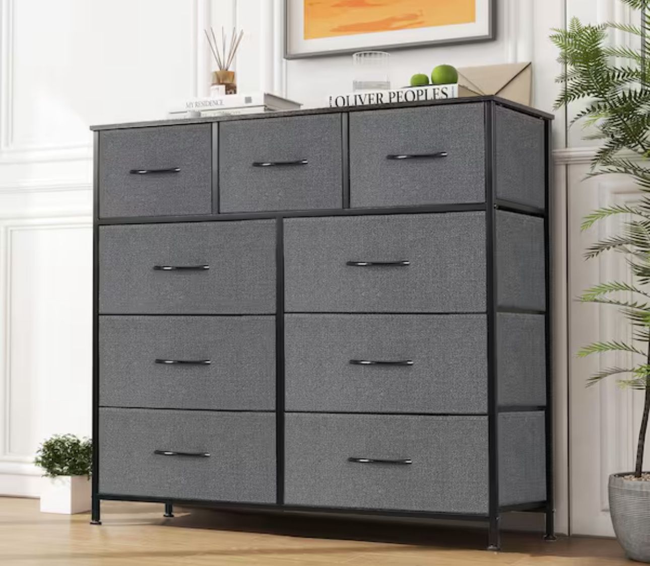 9-Drawer Chest of Drawers Fabric Storage Tower with Steel Frame, Wooden Top Grey
