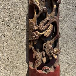 Asian Wood Detailed Carved Vertical Wall Hanging, Red& Gold Paint Flower @ Flora 18.75x2.75 In 