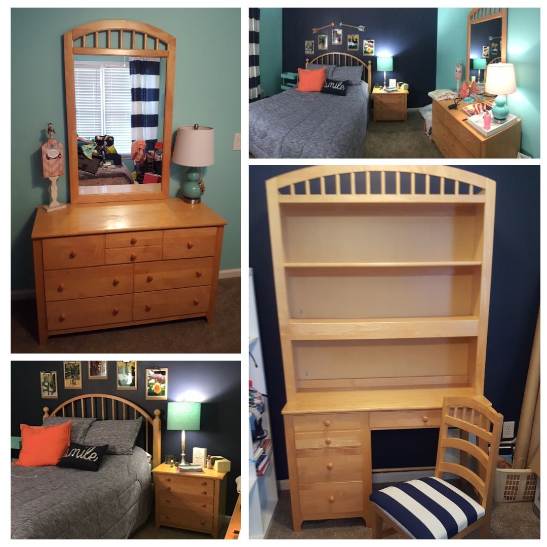 REAL WOOD Full Bedroom Furniture Set: desk, dresser, mirror, bed frame & headboard, nightstand, more