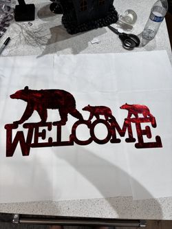 Bear with 2 Cubs Facing Left Welcome Metal Sign 12x23.5