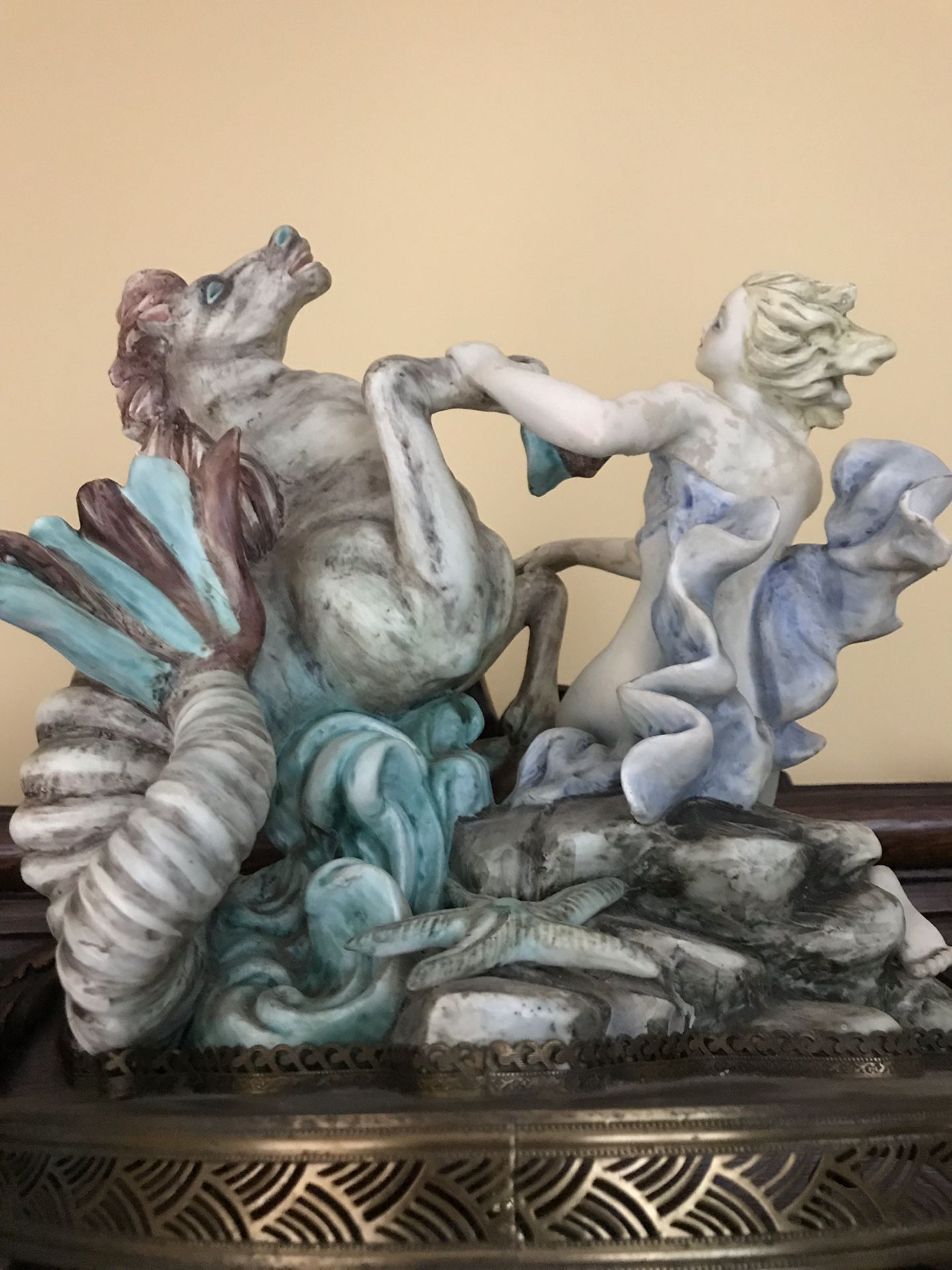Antique porcelain nymph sea horse and woman figures