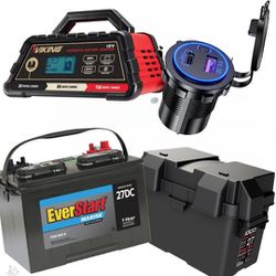 Marine Battery Deep Cycle 12v Group 27- Unoco Box - USB Fast Charger - Battery Charger 15Amps